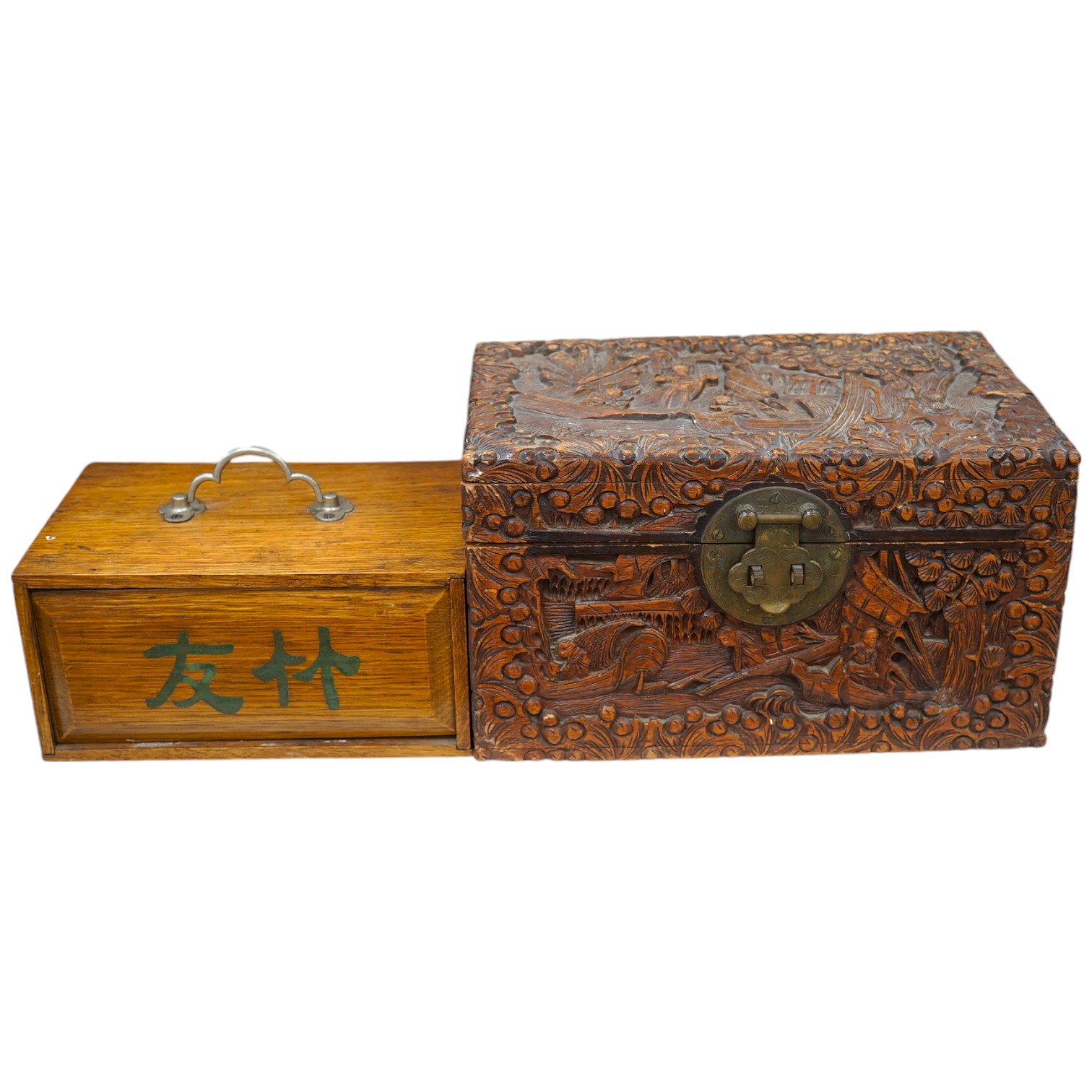 A Chinese carved small camphor box and an oak cased Mahjong set, camphor box 31cm wide x 17cm high. Condition - fair